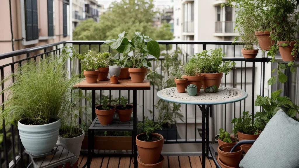 Mesa de terraza con libreta de huerto urbano y herramientas para macetas de poco espacio
