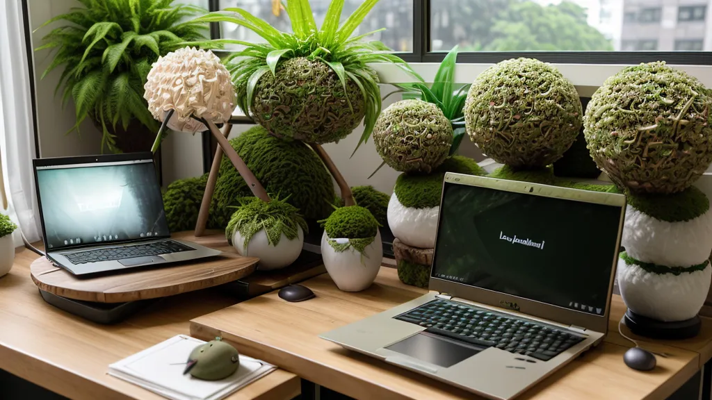 Mesa con laptop de diseño UI junto a musgo y alambre para crear kokedamas artesanales