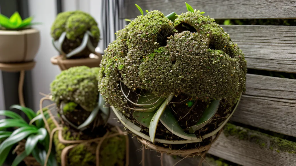 Kokedama colgada cerca de una unidad de aire acondicionado en un piso de Barcelona