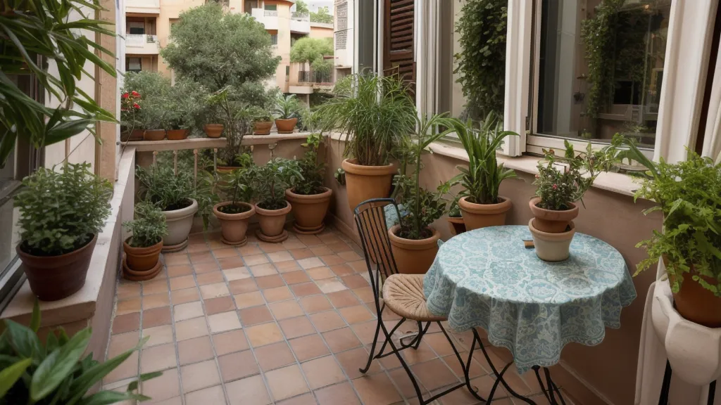 Gato curioseando junto a un kokedama colgante en un balcón norte de Barcelona al atardecer