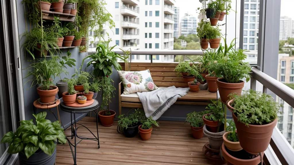 Terraza pequeña en Barcelona con plantas y sistema de compostaje casero al atardecer, sostenibilidad en casa