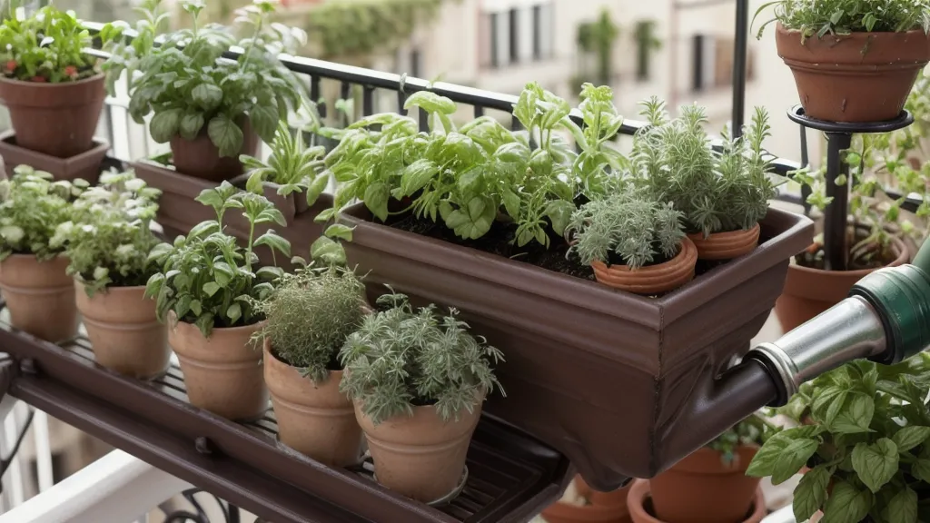 Hierbas aromáticas en maceta sobre una estantería de madera, algunas a punto de florecer antes de la poda