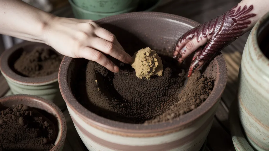 Manos mezclando humus de lombriz oscuro con sustrato para macetas en un macetohuerto de interior