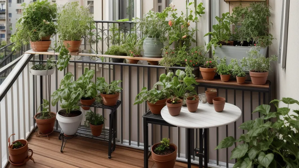 Plantas de tomate cherry con tallos gruesos en macetas de un huerto urbano soleado