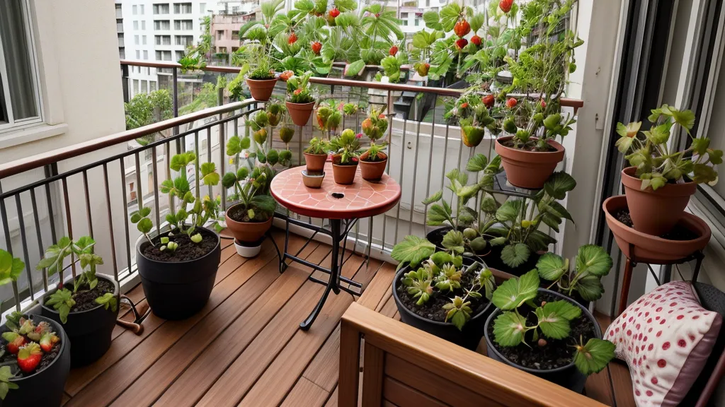 Primer plano de una cesta colgante de fresas con flores blancas en un balcón urbano.