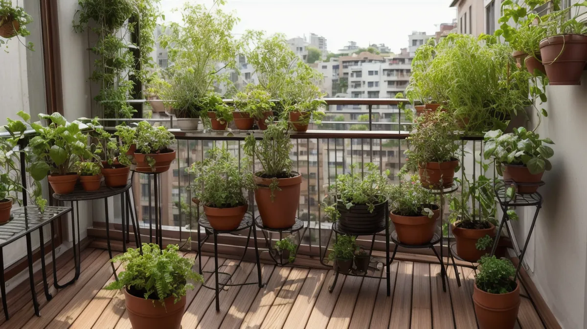 Huerto vertical en un balcón pequeño de Barcelona, aprovechando cada rincón con macetas colgantes y malla metálica