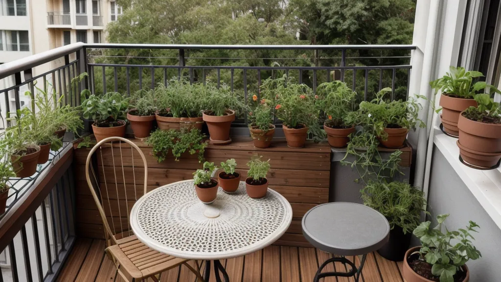 Malla metálica negra con macetas de aromáticas, ejemplo de huerto vertical y jardinería urbana en un balcón pequeño