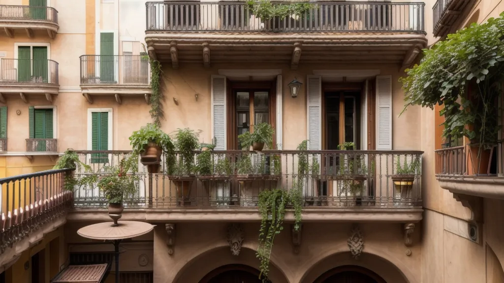Kokedama colgada en el rincón de un piso pequeño de Barcelona con suelo de baldosas hidráulicas