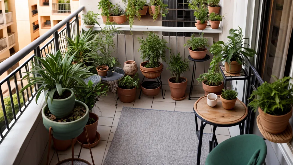 Gato doméstico junto a las macetas de lechuga en una terraza urbana