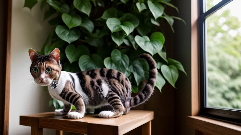 Gato curioso observando una kokedama colgante en un salón