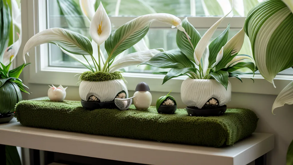 Kokedama de espatifilo decorando una estantería moderna