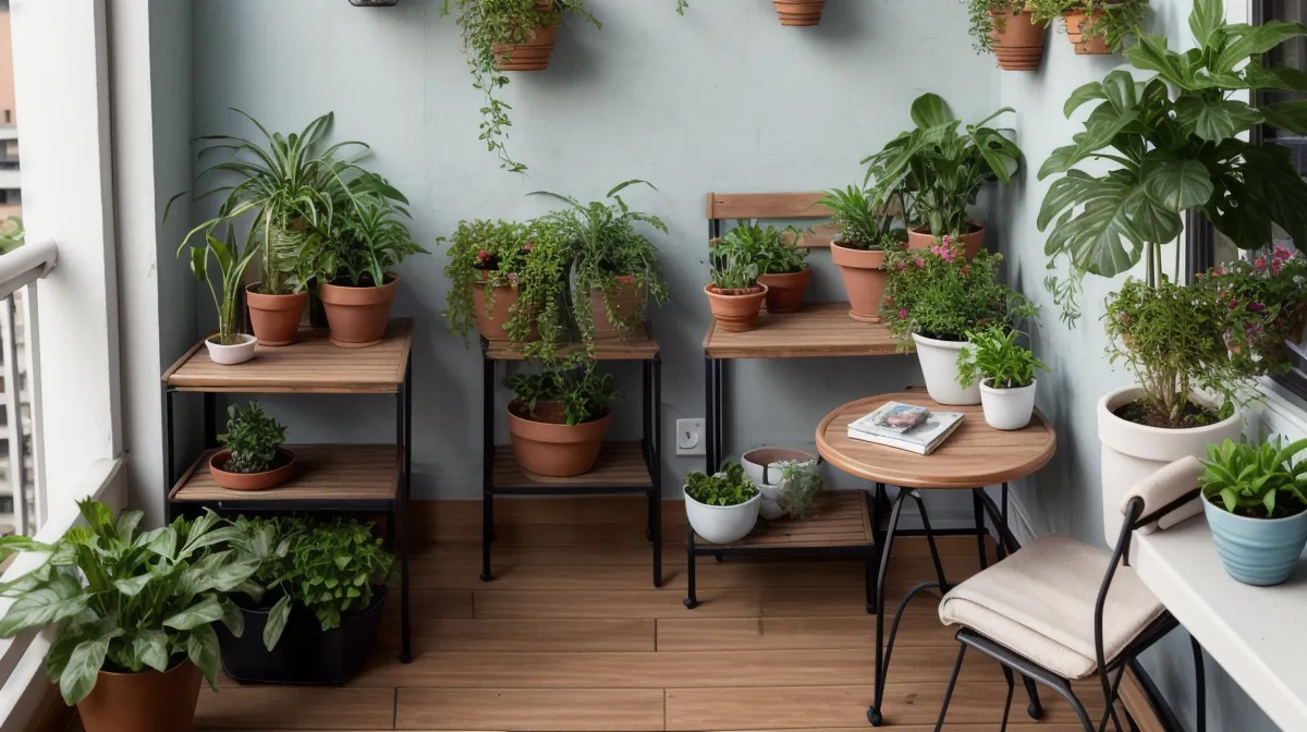 Huerto urbano en un balcón pequeño de un piso antiguo del Eixample, ejemplo de agricultura orgánica y diseño de espacios pequeños en Barcelona