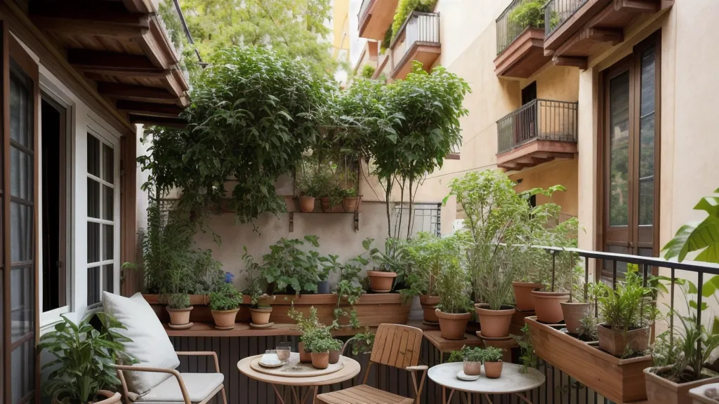 Sombra de la barandilla de forja de un balcón antiguo sobre una maceta de barro, huerto urbano en pisos con poca luz de Barcelona