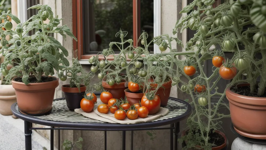 Tomate cherry madurando en una maceta de un balcón de Barcelona gracias a un sustrato orgánico bien preparado
