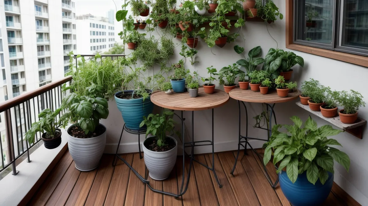 Balcón alto en Barcelona con macetas de plantas resistentes al viento en un huerto urbano