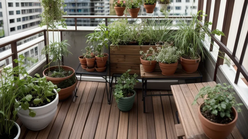 Ordenador abierto con un curso de huerto urbano orgánico sobre una mesa de balcón