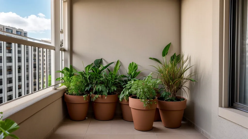 Plantas en un balcón con poca luz donde se usa fibra de coco y perlita.