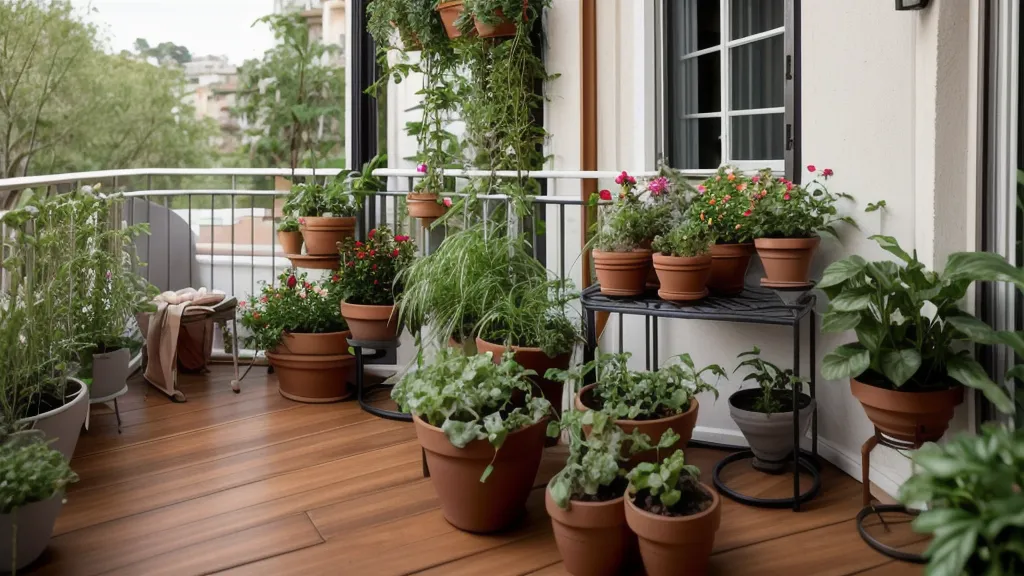 Kokedamas colgadas en un rincón sombrío del balcón, ejemplo de jardinería urbana con poca luz