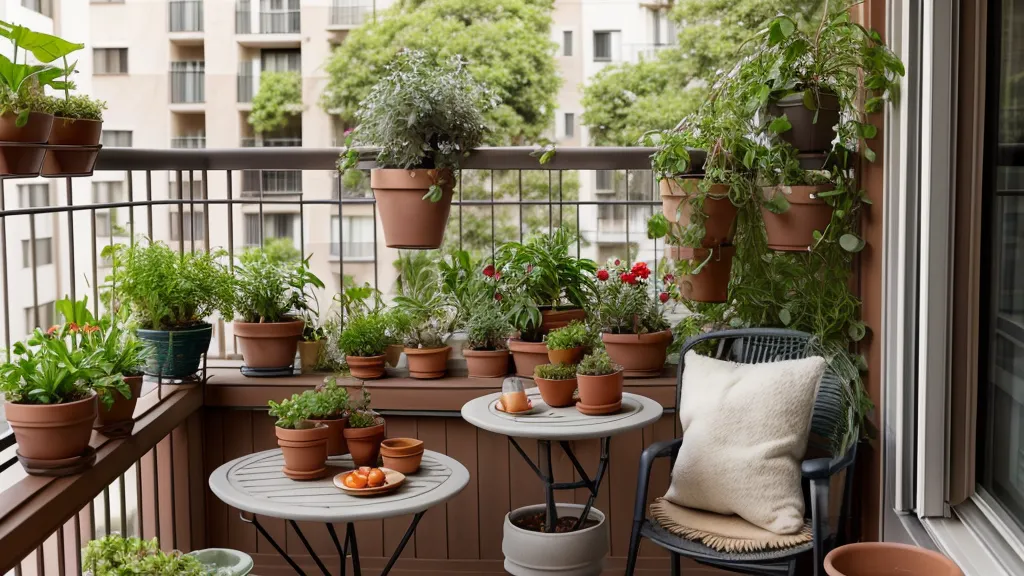 Kokedama recuperada colgando en el balcón junto a otras plantas del huerto urbano