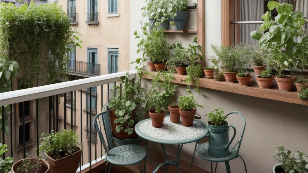 Planta de albahaca junto a un café y una libreta de diseño en un balcón de huerto urbano