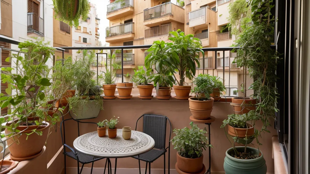 Kokedama sobre una mesa de madera en un balcón de Barcelona